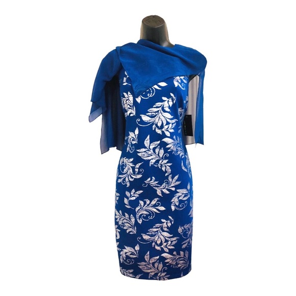 EnFocus studio blue sheer veil cape silver foil print sheath dress size 8P new - Picture 12 of 16